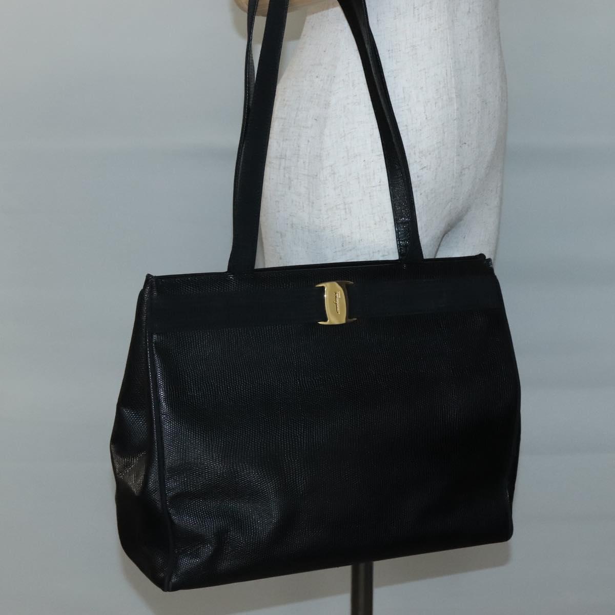 Salvatore Ferragamo Vala Tote Bag Leather Black Gold Auth gh727