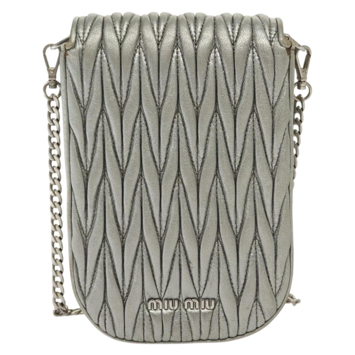 Miu Miu Matelasse Chain Shoulder Bag Leather Silver Auth gh730