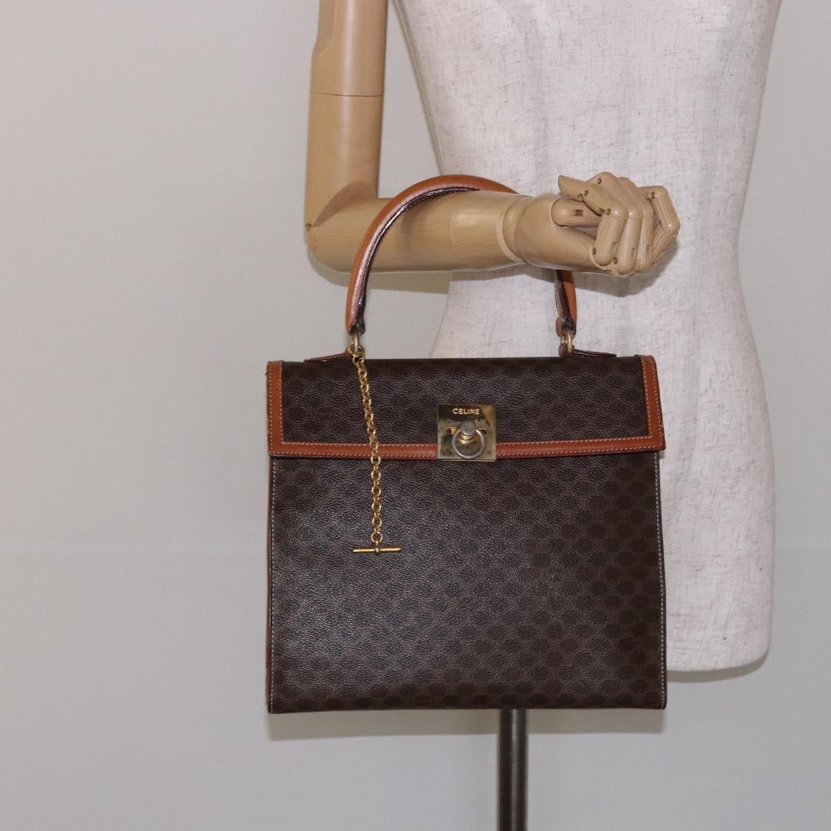 CELINE Macadam Canvas Hand Bag PVC Leather Brown Gold Auth gh737