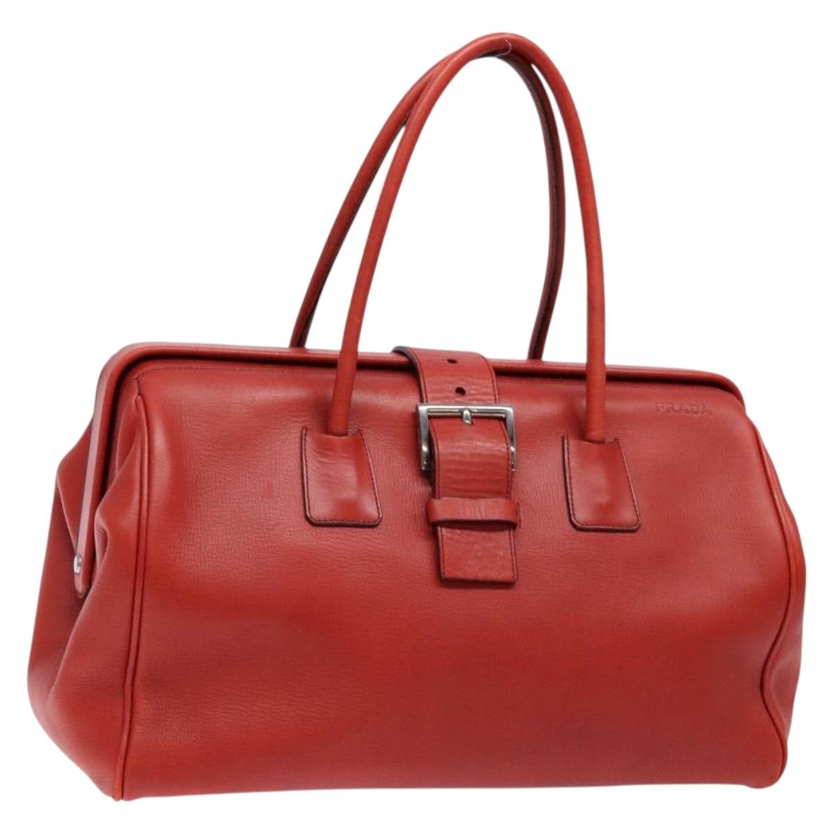PRADA Hand Bag Leather Red Silver Auth gh740