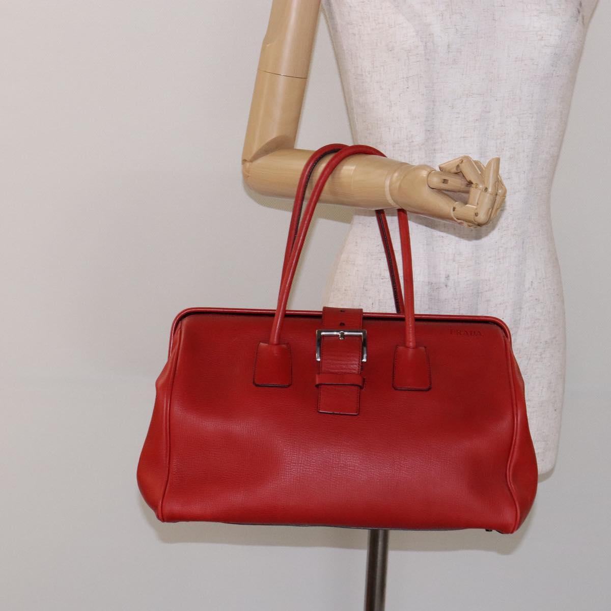 PRADA Hand Bag Leather Red Silver Auth gh740