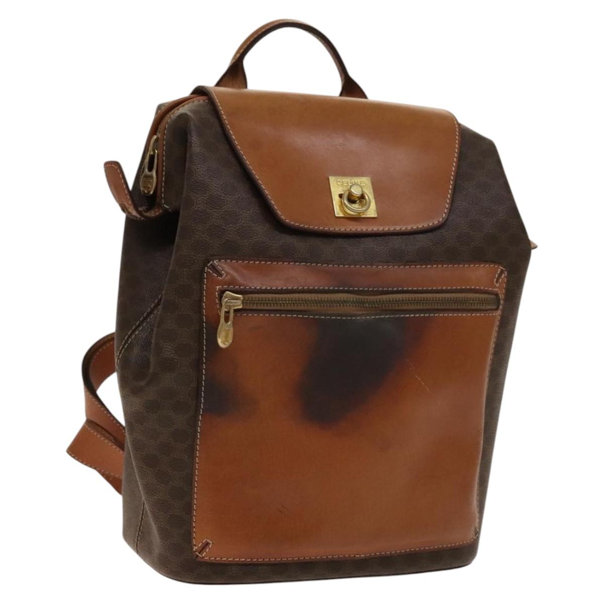 CELINE Macadam Canvas Backpack PVC Leather Brown Gold Auth gh742