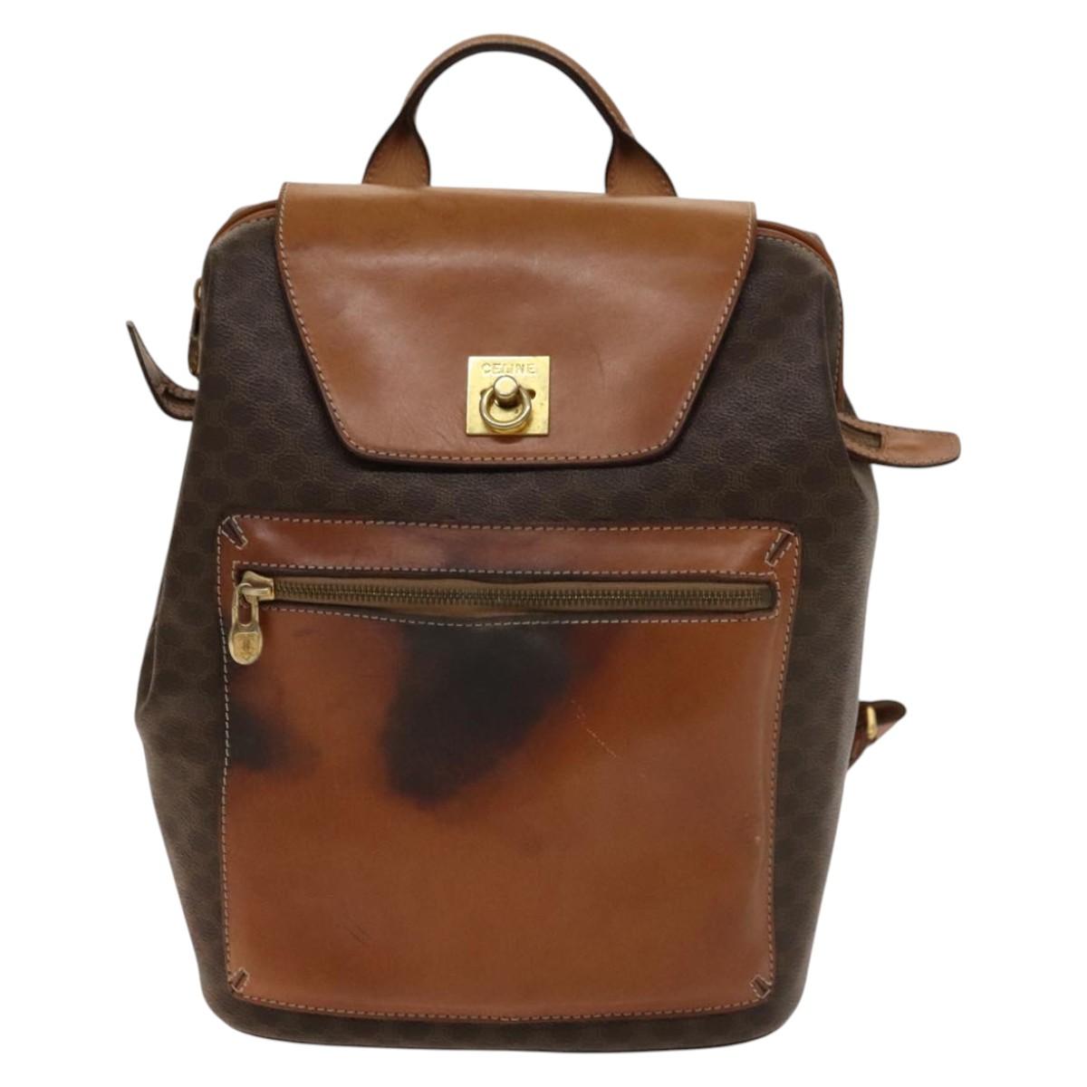 CELINE Macadam Canvas Backpack PVC Leather Brown Gold Auth gh742
