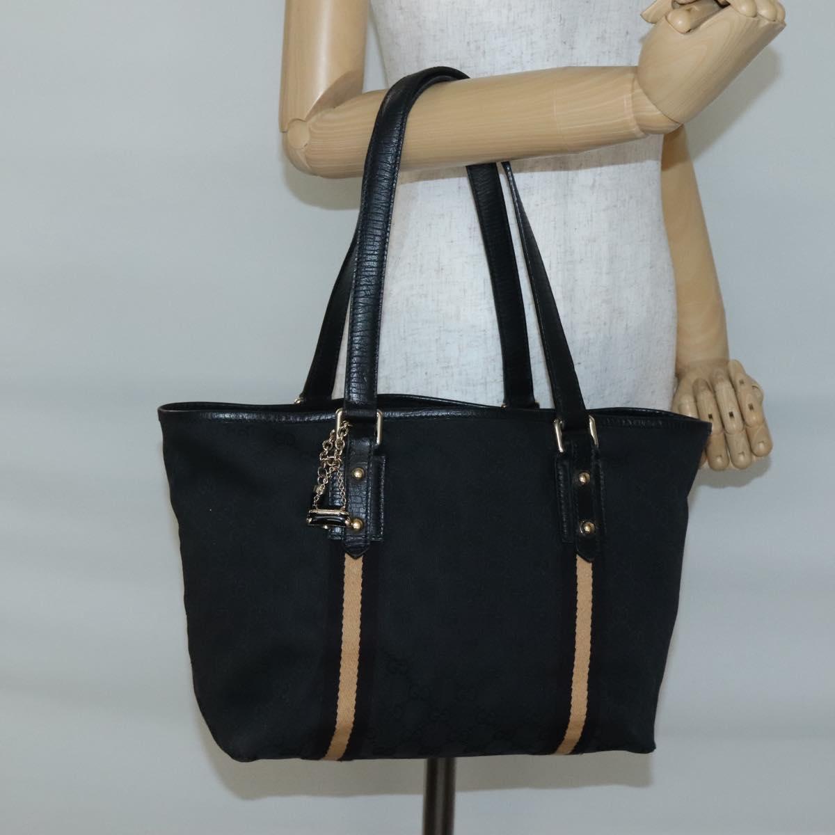 GUCCI GG Canvas Sherry Line Tote Bag Black Gold 137396 Auth gh751