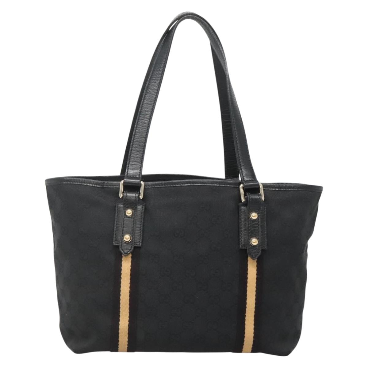 GUCCI GG Canvas Sherry Line Tote Bag Black Gold 137396 Auth gh751