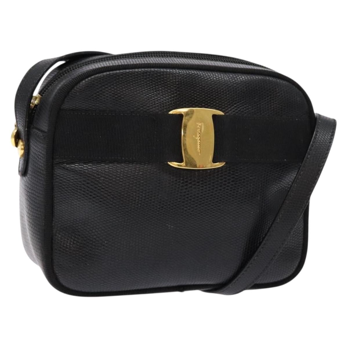 Salvatore Ferragamo Shoulder Bag Leather Black Gold Auth gh755