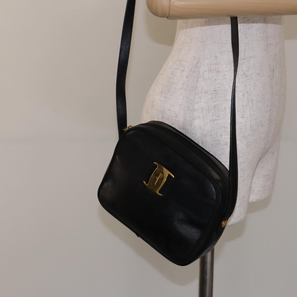 Salvatore Ferragamo Shoulder Bag Leather Black Gold Auth gh755
