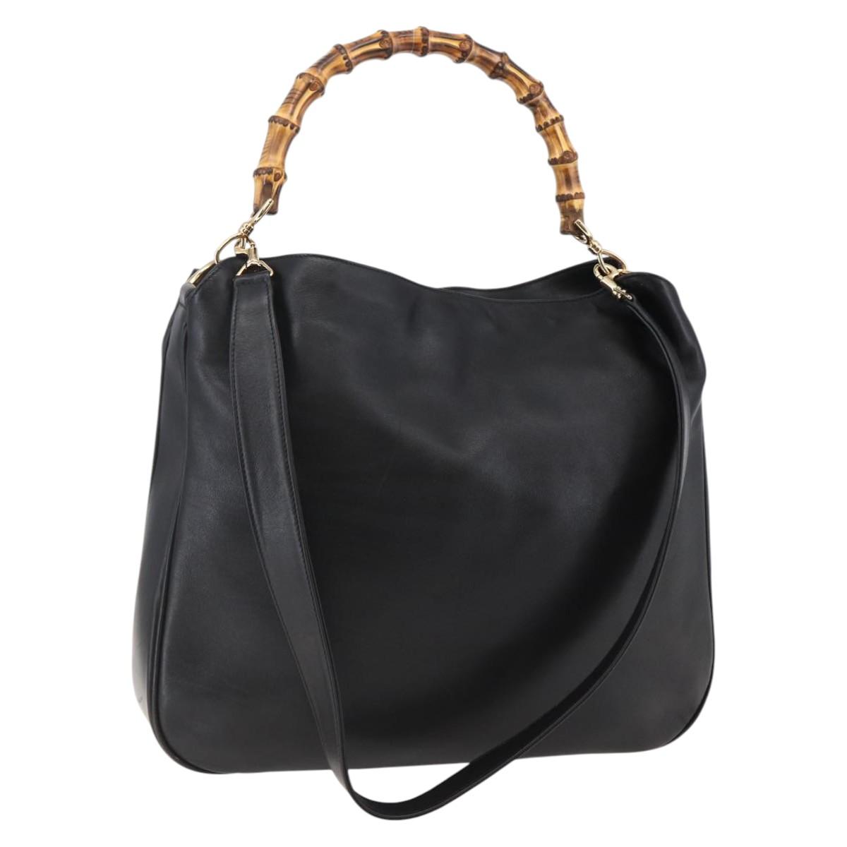 GUCCI Bamboo Hand Bag Leather 2way Black Gold 001 1577 8270 Auth gh768