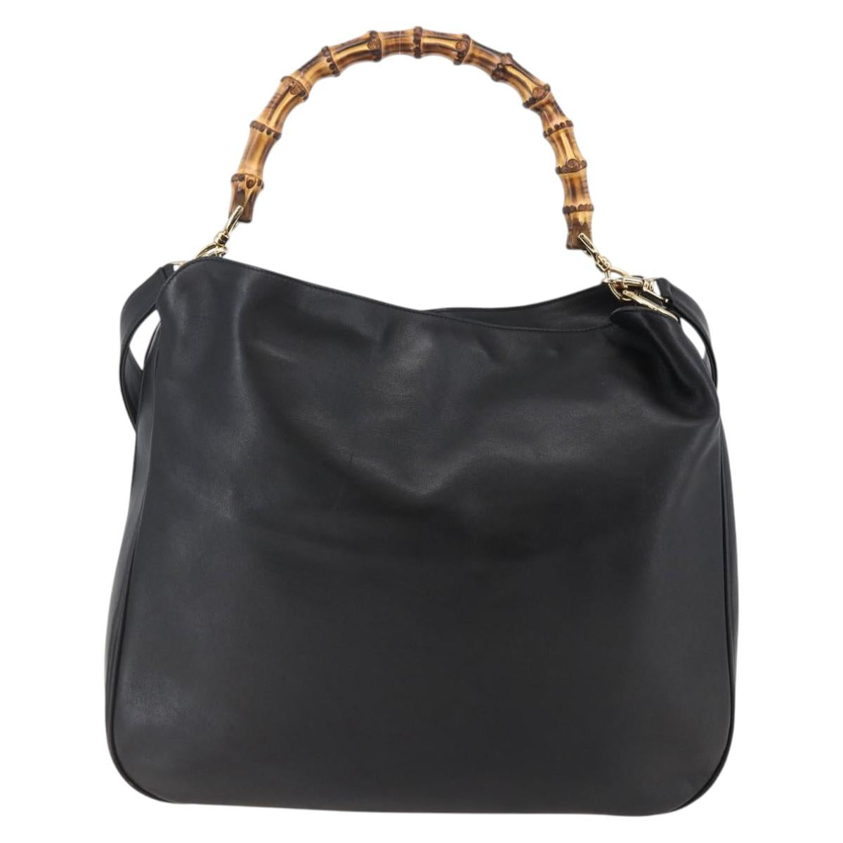 GUCCI Bamboo Hand Bag Leather 2way Black Gold 001 1577 8270 Auth gh768