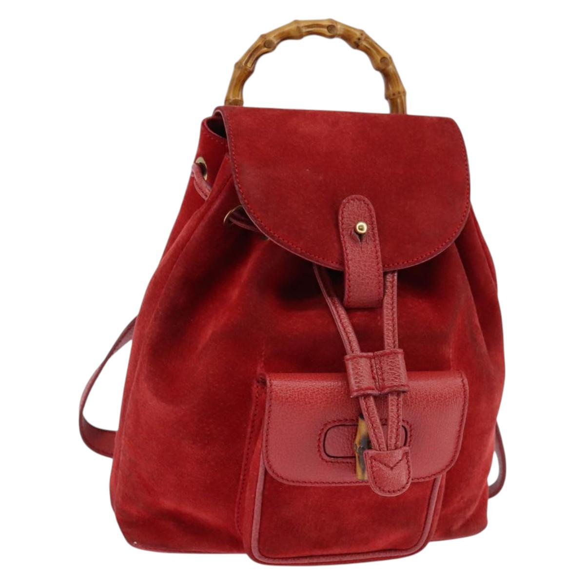 GUCCI Bamboo Backpack Suede Leather Red Gold 003 8030 Auth gh770