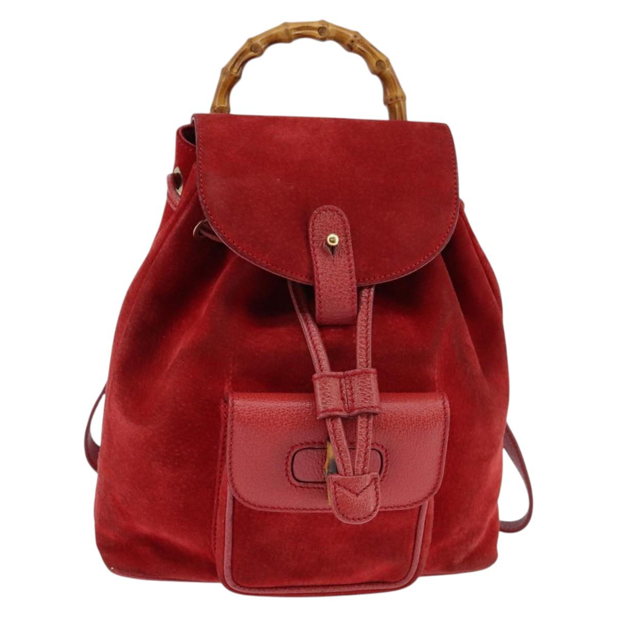 GUCCI Bamboo Backpack Suede Leather Red Gold 003 8030 Auth gh770