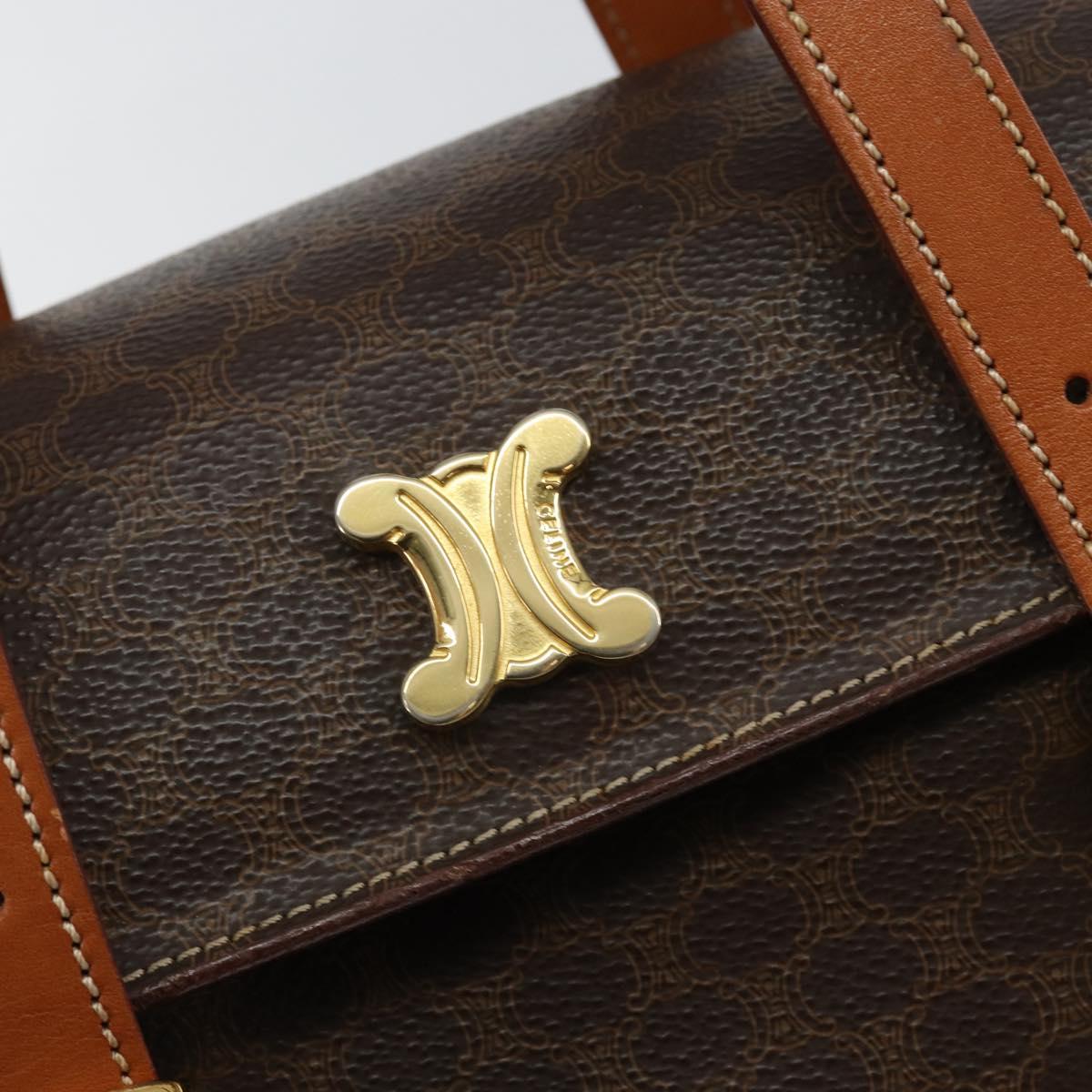 CELINE Macadam Canvas Hand Bag PVC Leather Brown Gold Auth gh783