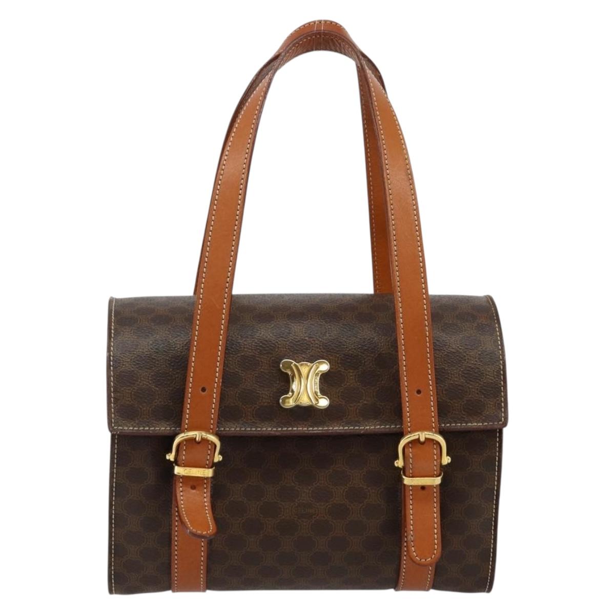 CELINE Macadam Canvas Hand Bag PVC Leather Brown Gold Auth gh783