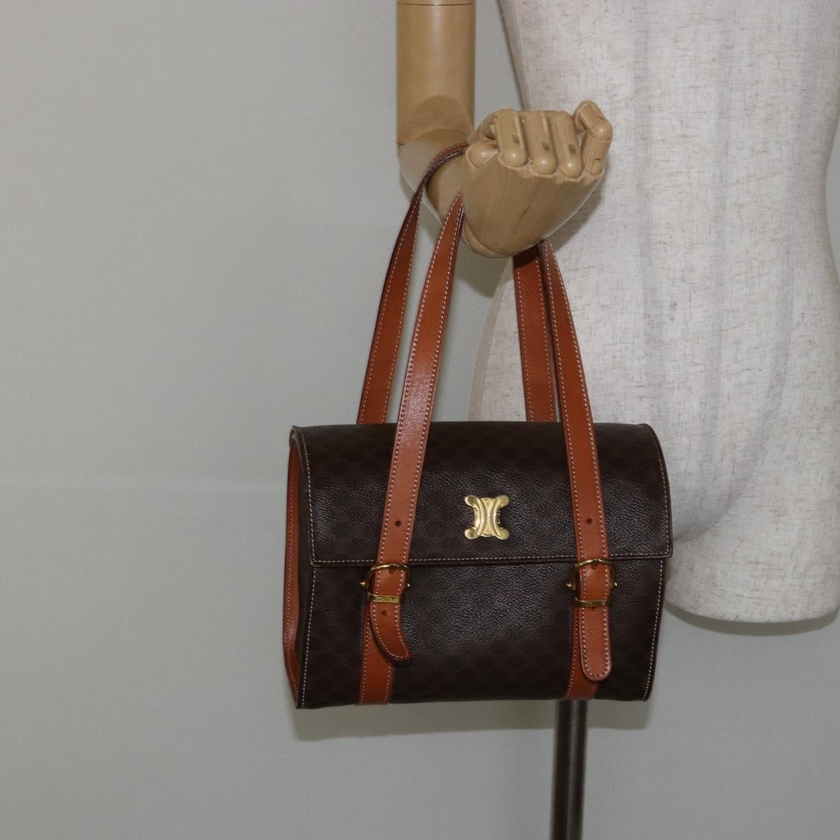 CELINE Macadam Canvas Hand Bag PVC Leather Brown Gold Auth gh783