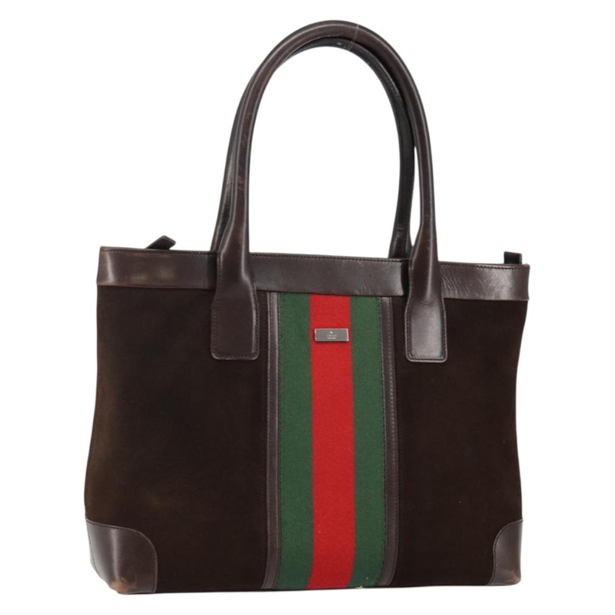 GUCCI Web Sherry Line Tote Bag Suede Leather Brown Red Green 33890 Auth gh807