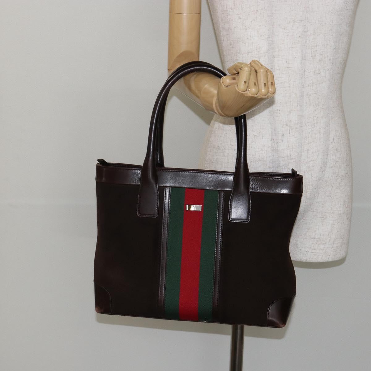 GUCCI Web Sherry Line Tote Bag Suede Leather Brown Red Green 33890 Auth gh807