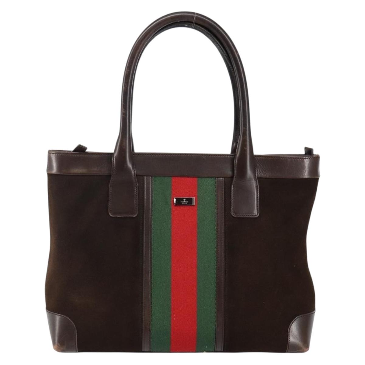 GUCCI Web Sherry Line Tote Bag Suede Leather Brown Red Green 33890 Auth gh807