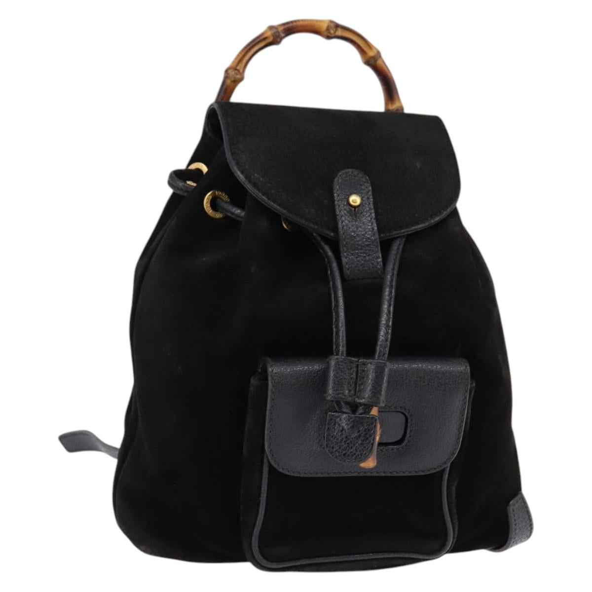 GUCCI Bamboo Backpack Suede Leather Black Gold 003 1705 0030 Auth gh811