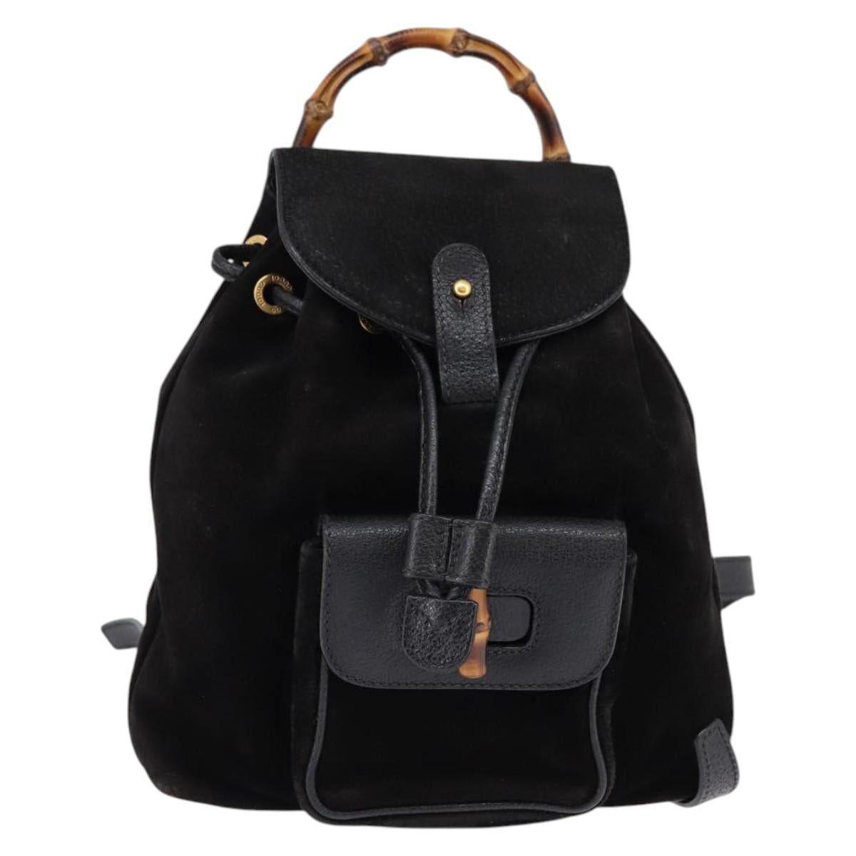 GUCCI Bamboo Backpack Suede Leather Black Gold 003 1705 0030 Auth gh811