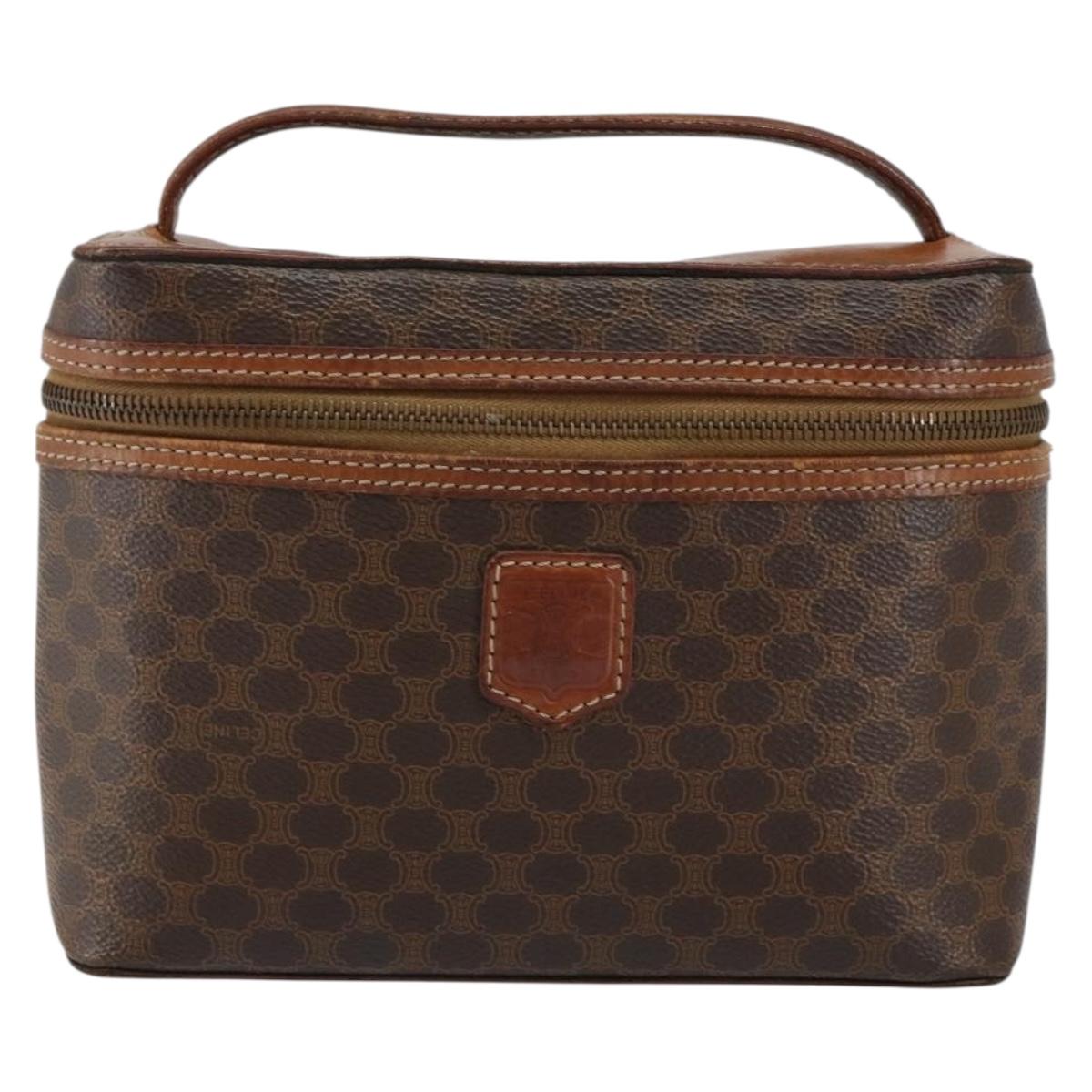 CELINE Macadam Canvas Vanity Pouch PVC Leather Brown Gold Auth gh813