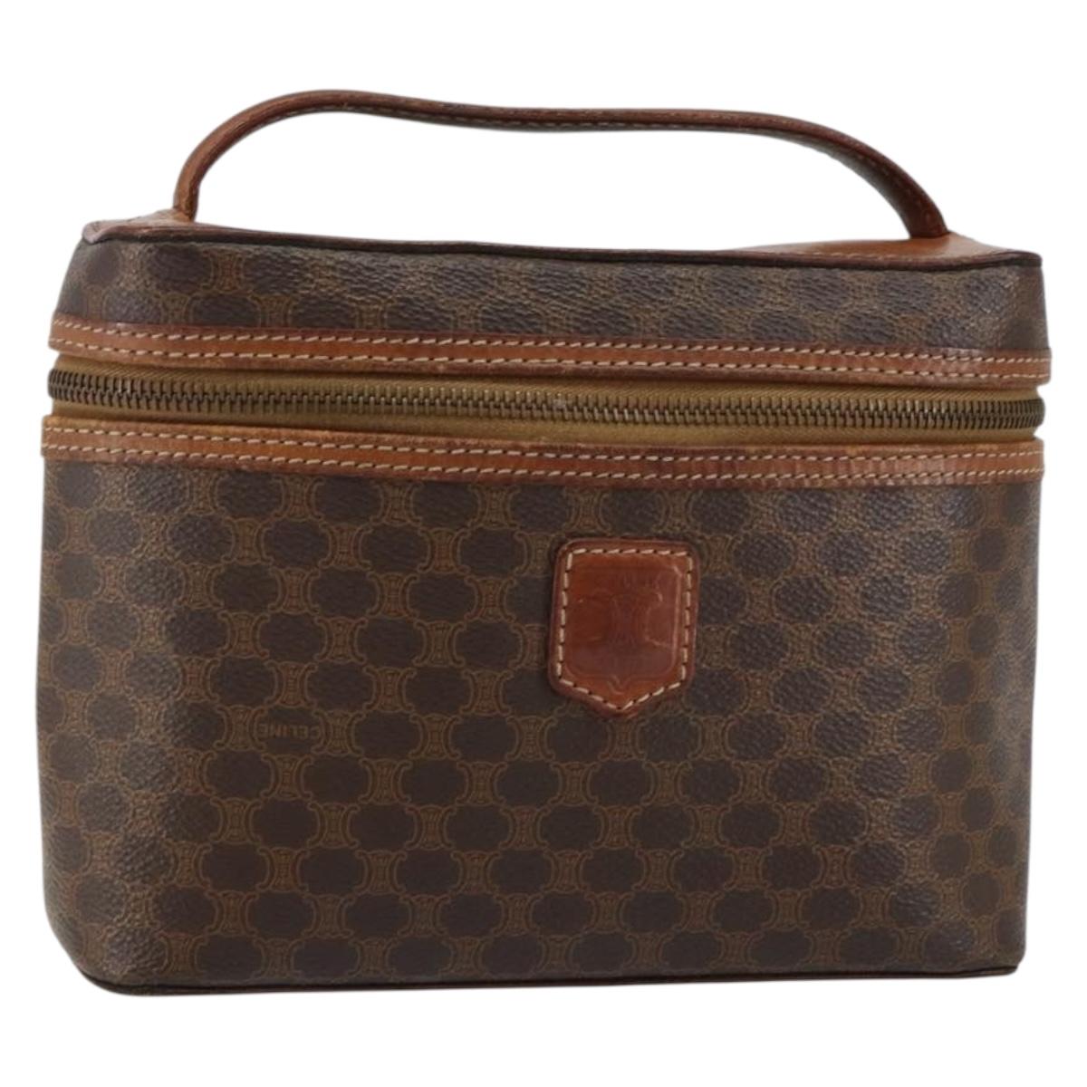 CELINE Macadam Canvas Vanity Pouch PVC Leather Brown Gold Auth gh813