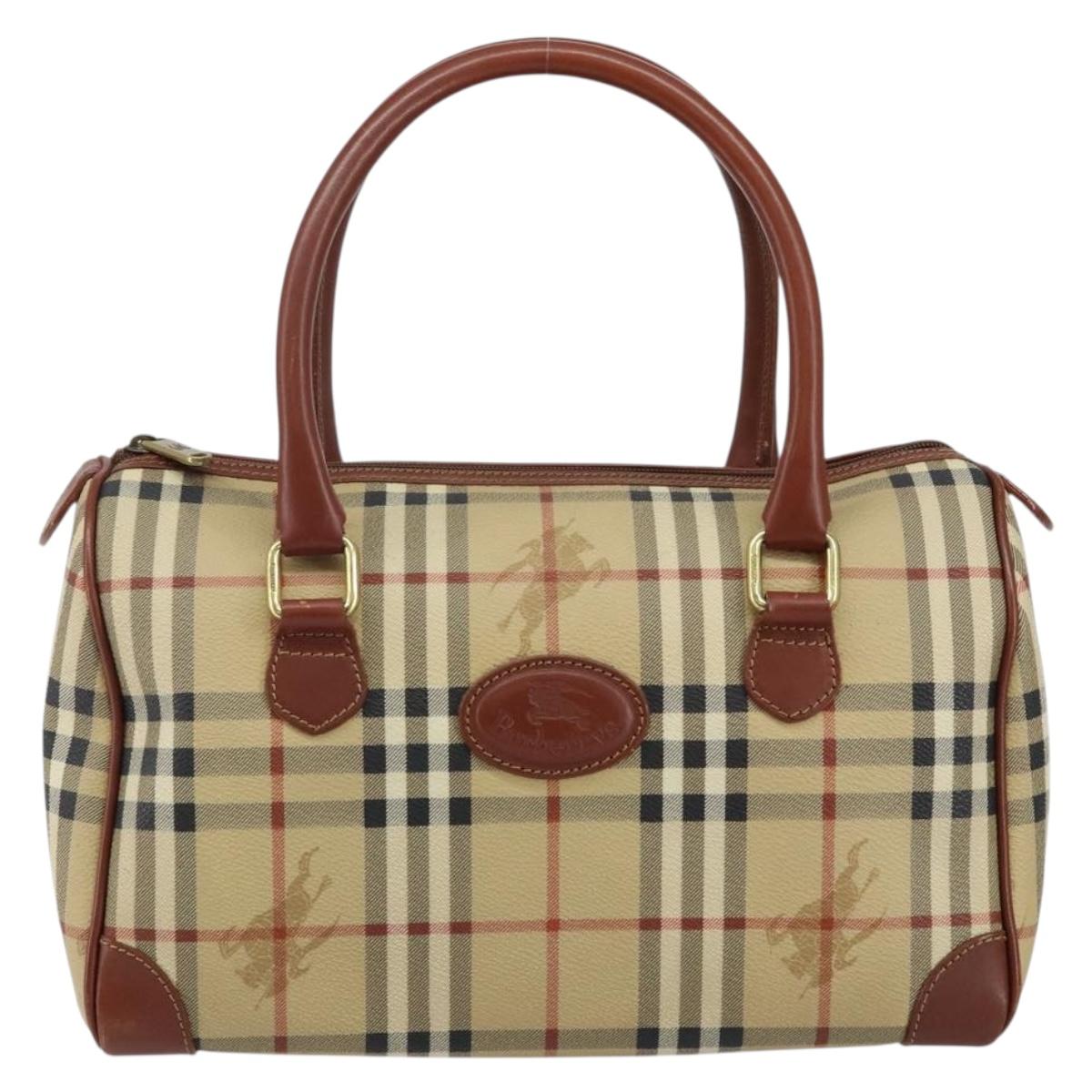 Burberrys Nova Check Boston Bag PVC Beige Gold Auth gh829