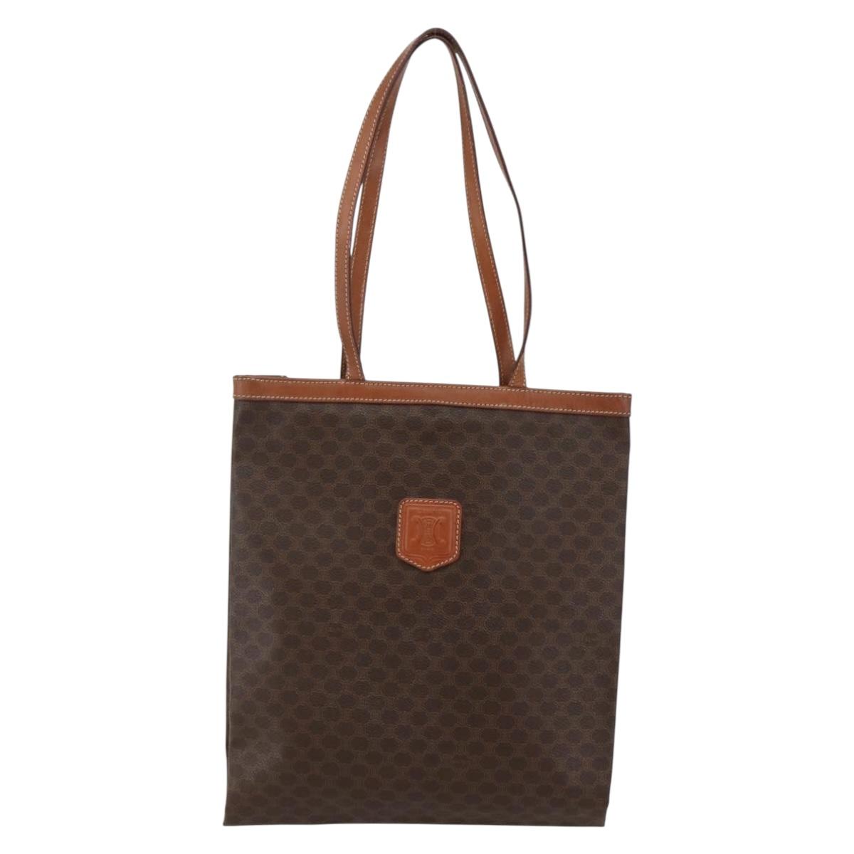 CELINE Macadam Canvas Tote Bag PVC Leather Brown Gold Auth gh838