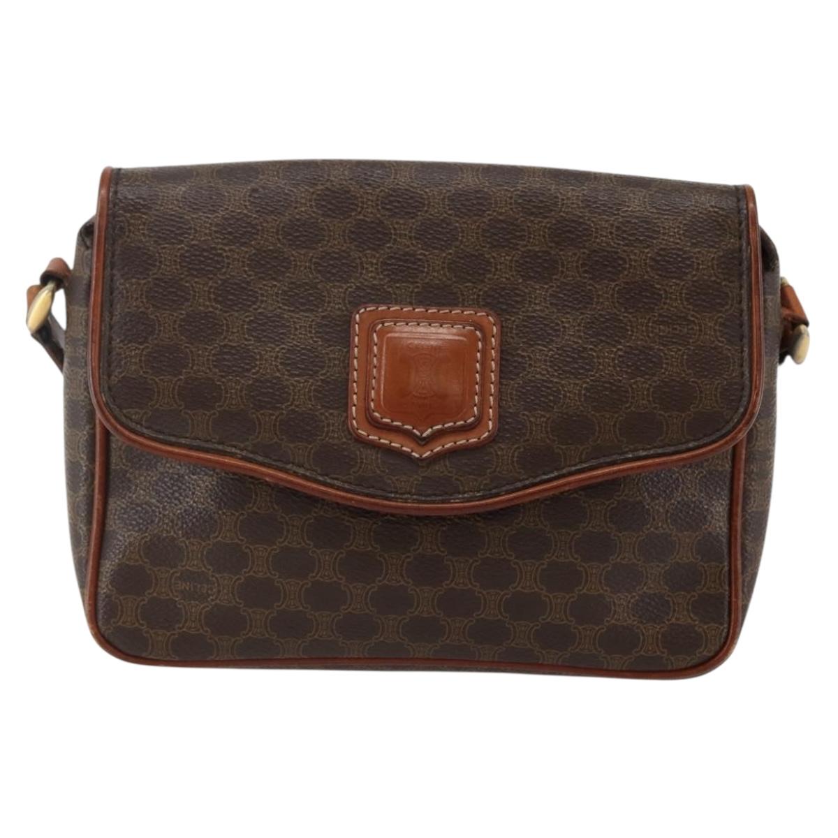 CELINE Macadam Canvas Shoulder Bag PVC Leather Brown Gold Auth gh867