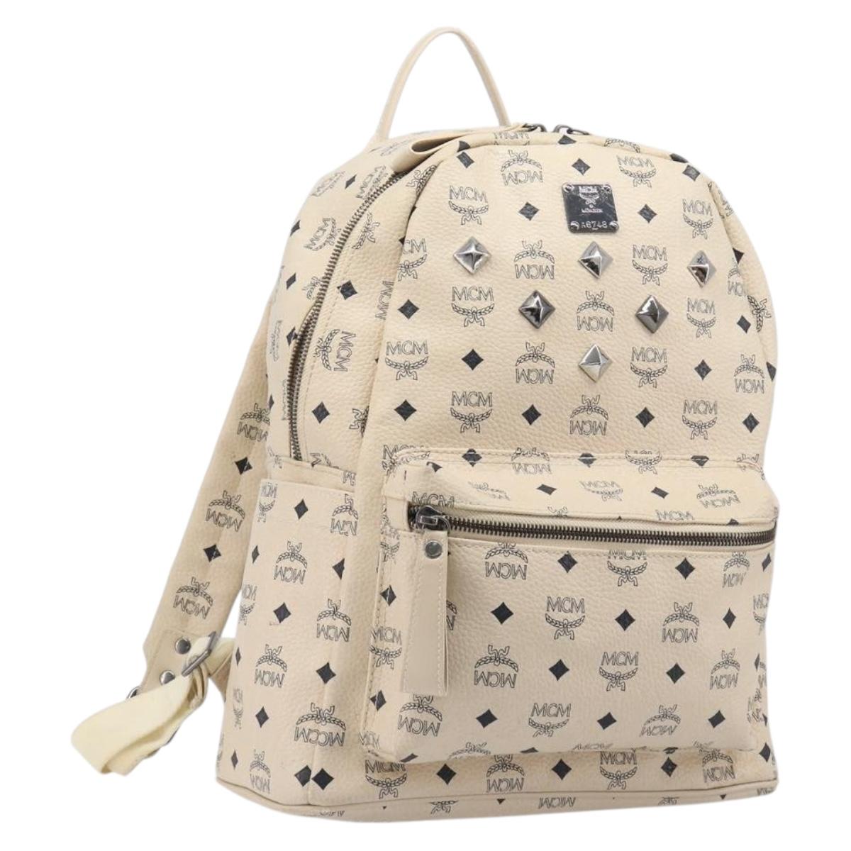 MCM Vicetos Logogram Backpack PVC Leather White Silver Auth gh883