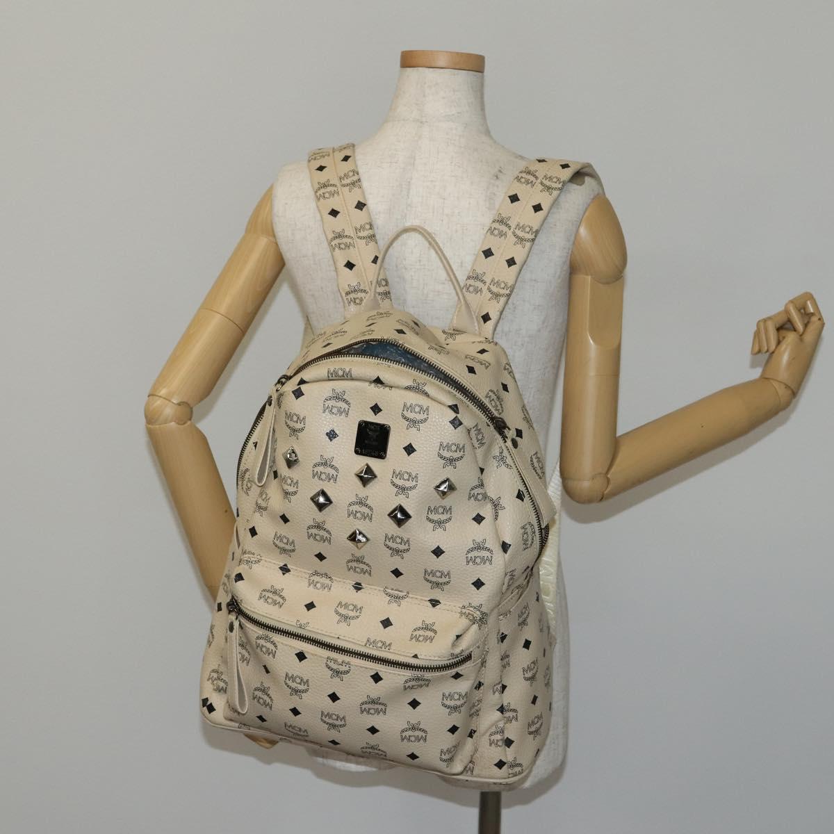 MCM Vicetos Logogram Backpack PVC Leather White Silver Auth gh883