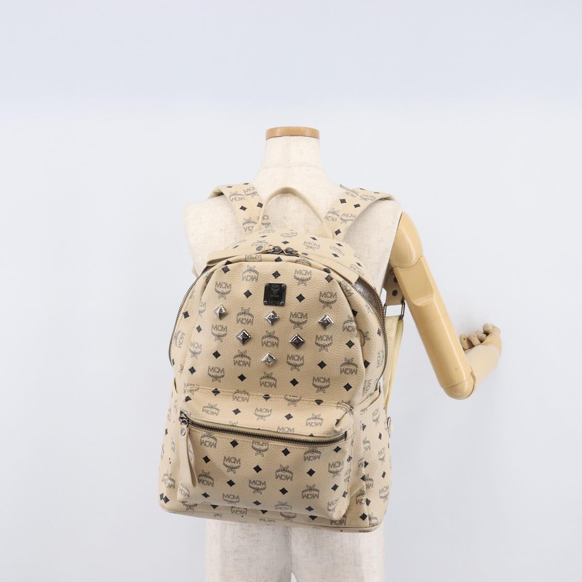 MCM Vicetos Logogram Backpack PVC Leather White Silver Auth gh883