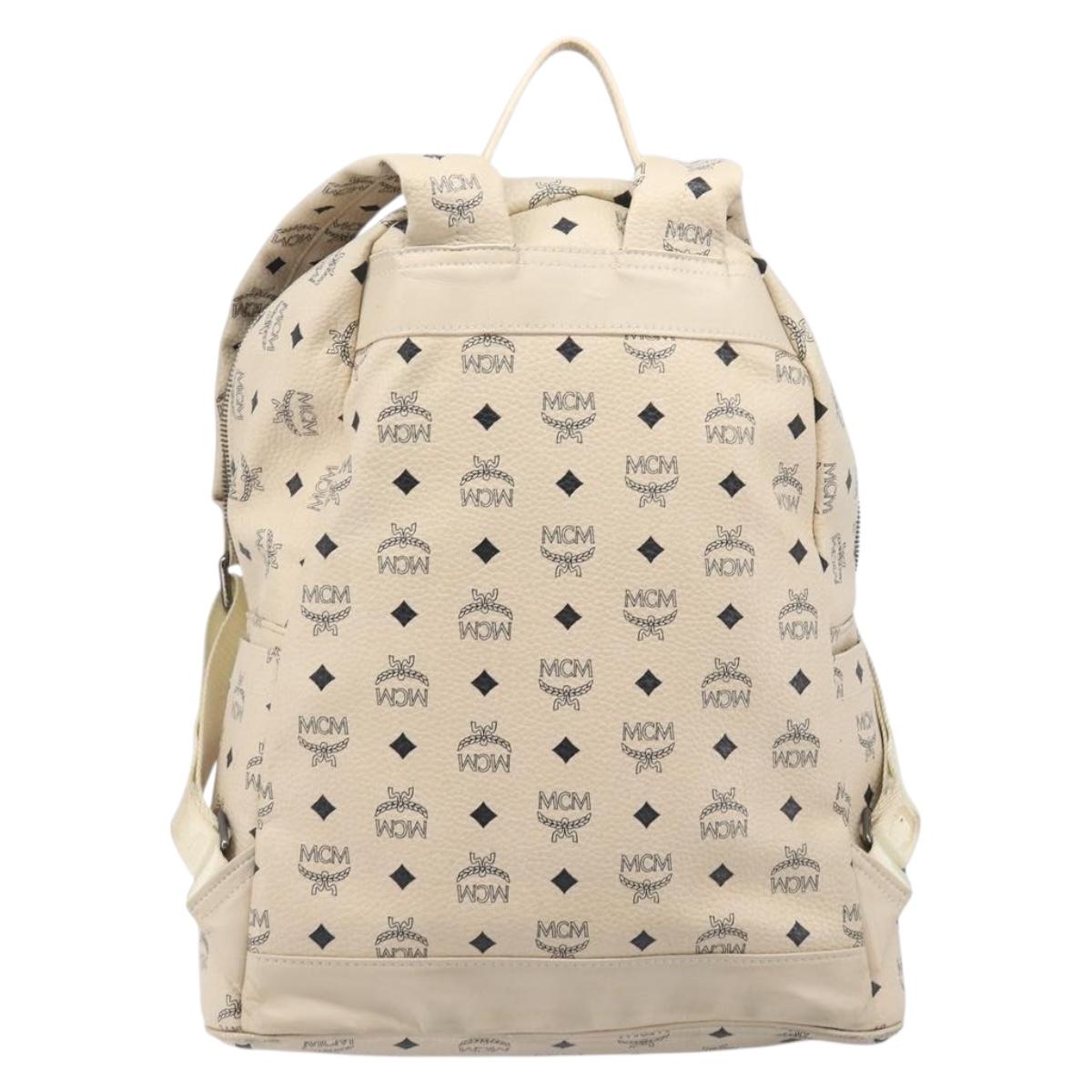 MCM Vicetos Logogram Backpack PVC Leather White Silver Auth gh883