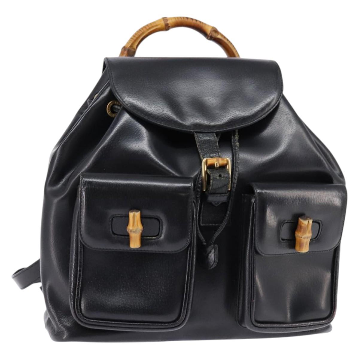 GUCCI Bamboo Backpack Leather Navy Gold 003 2058 0016 Auth gh884
