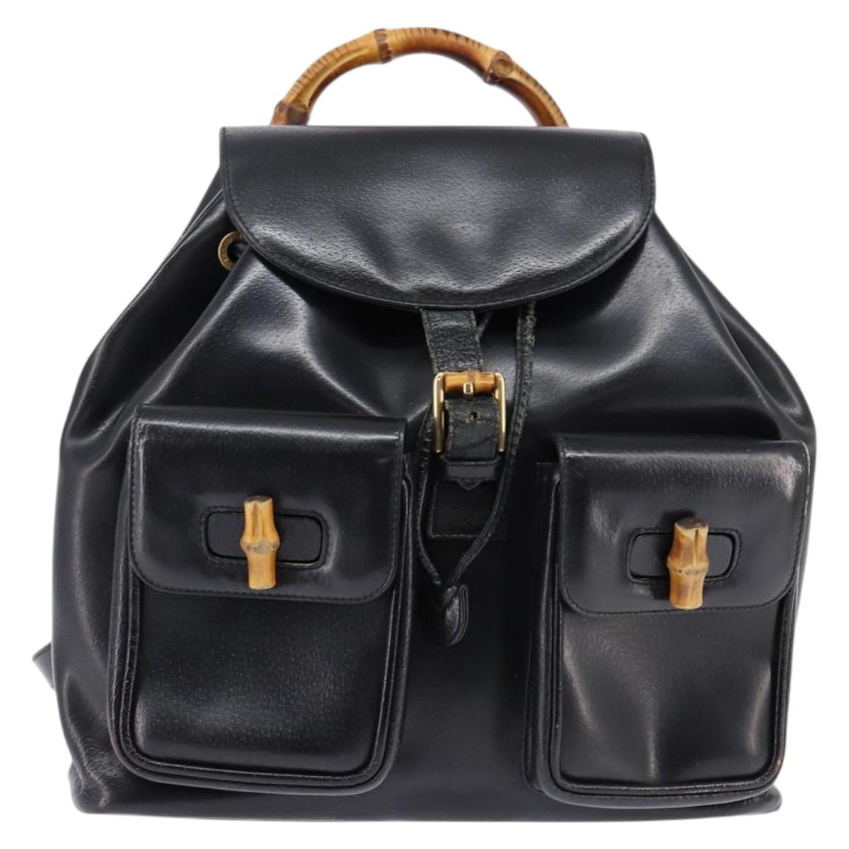 GUCCI Bamboo Backpack Leather Navy Gold 003 2058 0016 Auth gh884