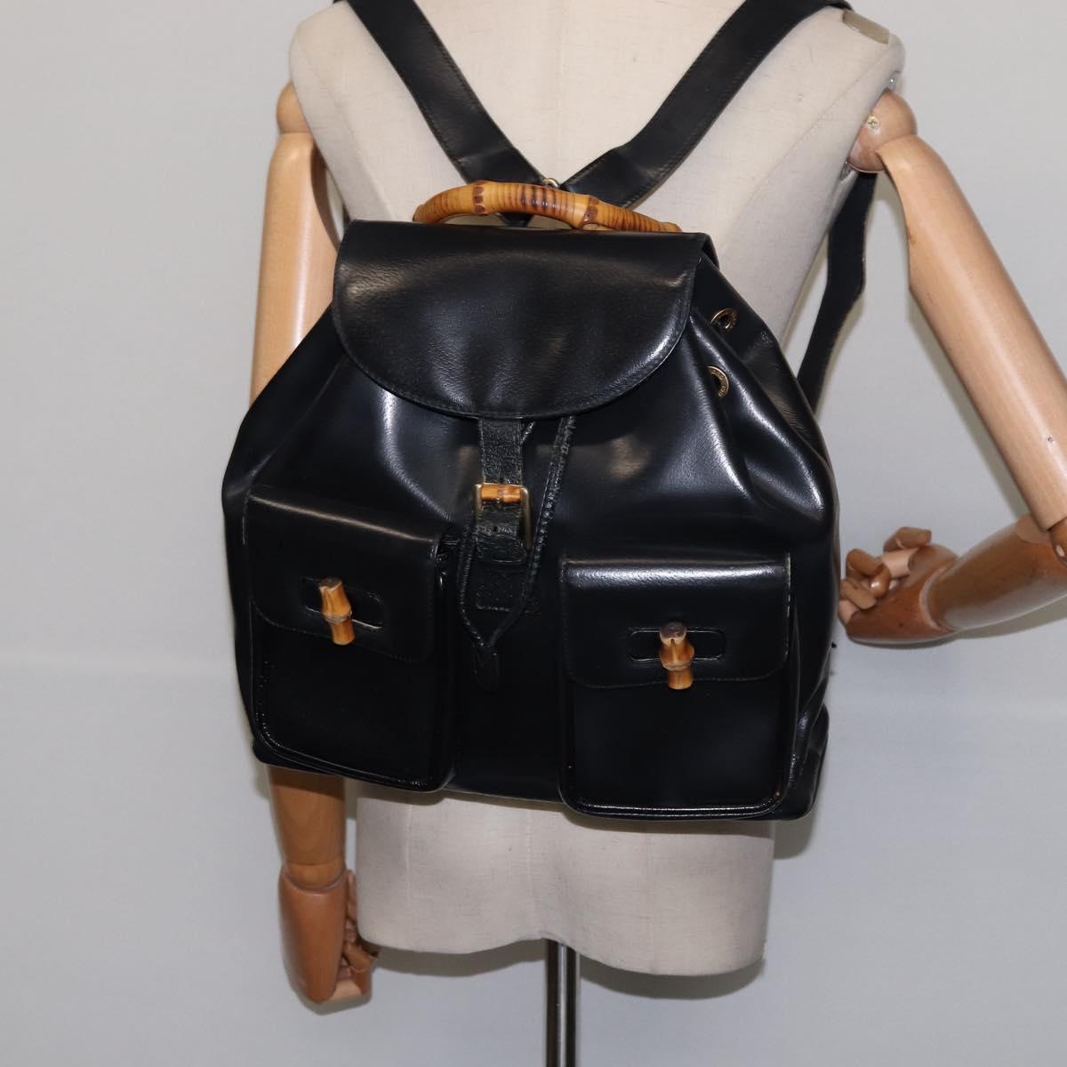 GUCCI Bamboo Backpack Leather Navy Gold 003 2058 0016 Auth gh884