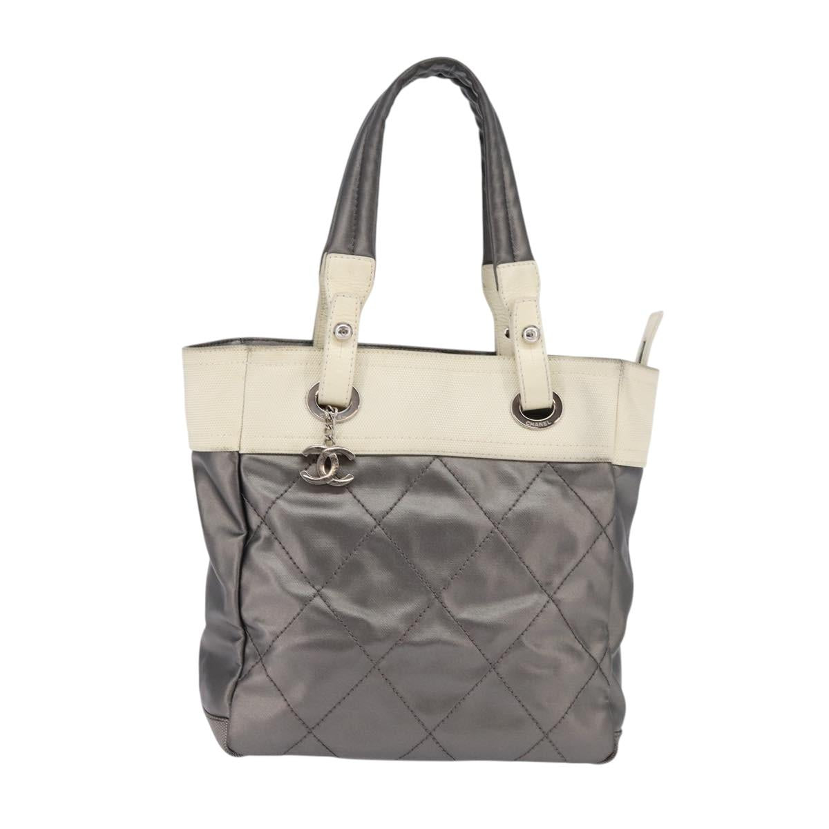 CHANEL Paris Biarritz Tote Tote Bag Coated Canvas Silver CC Auth gh895