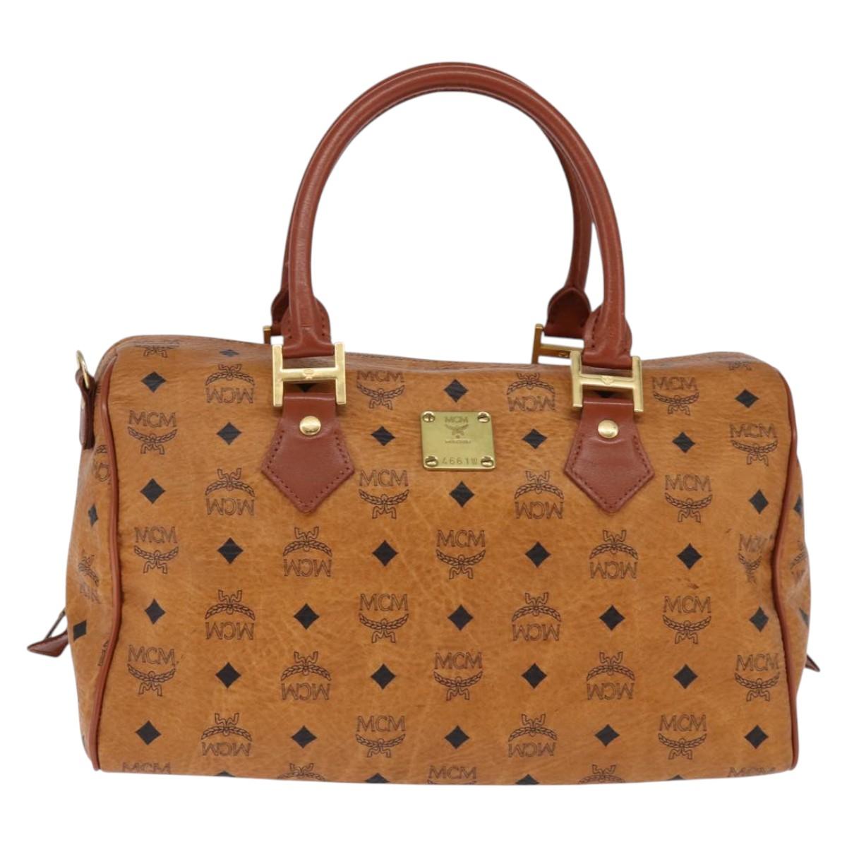 MCM Logogram Vicetos Boston Bag PVC Leather Brown Gold Auth gh901