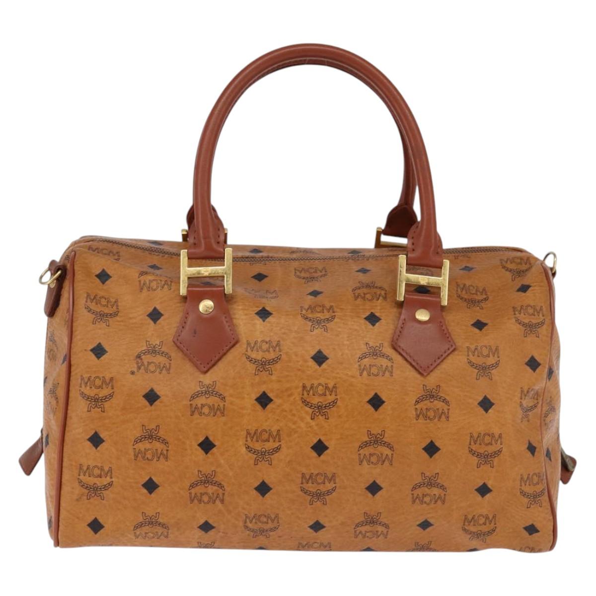 MCM Logogram Vicetos Boston Bag PVC Leather Brown Gold Auth gh901