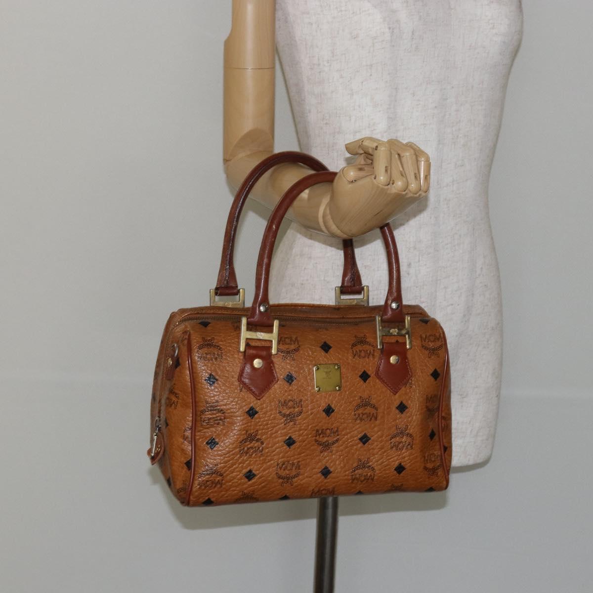 MCM Logogram Vicetos Boston Bag PVC Leather Brown Gold Auth gh904