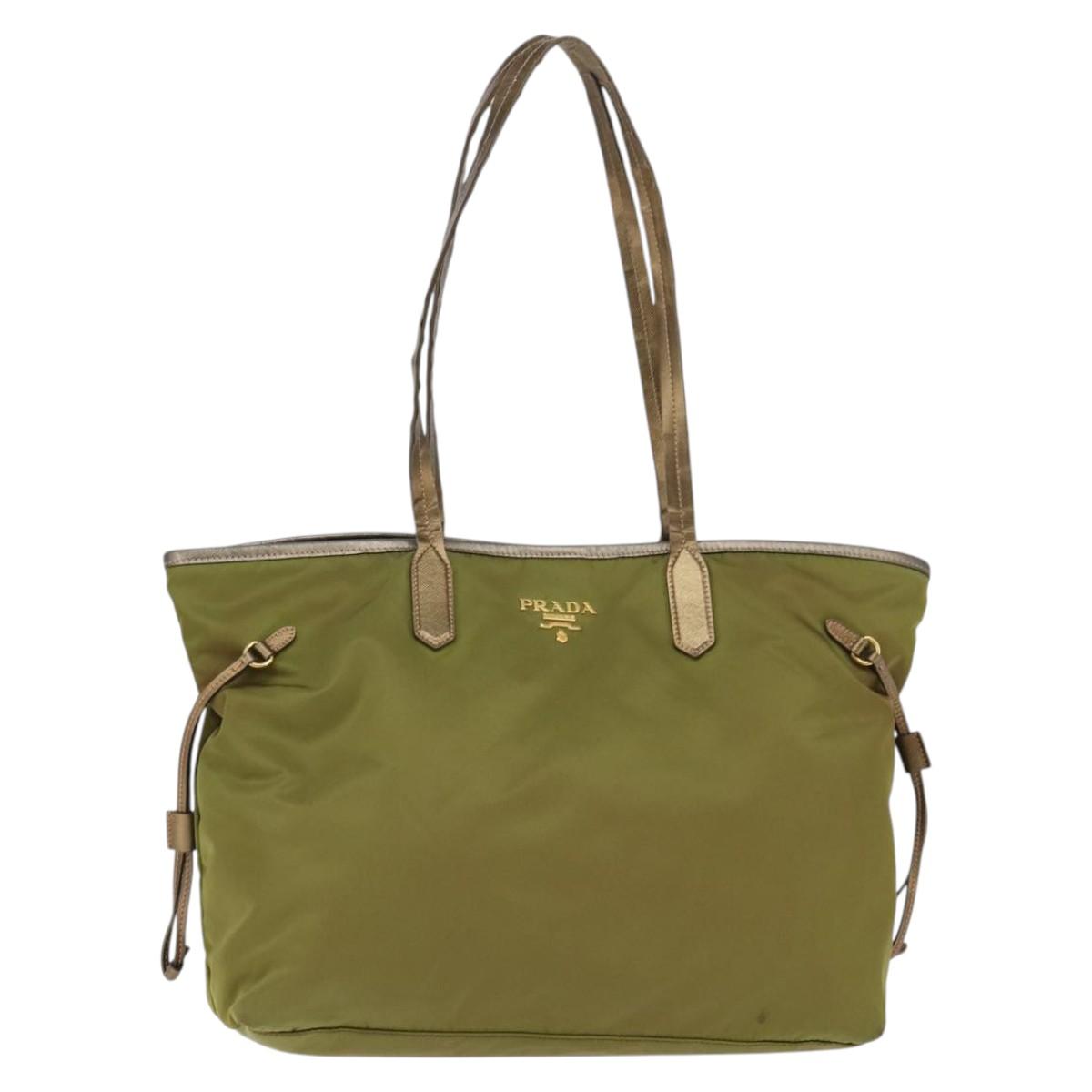 PRADA Tote Bag Nylon Khaki Gold Auth gh915