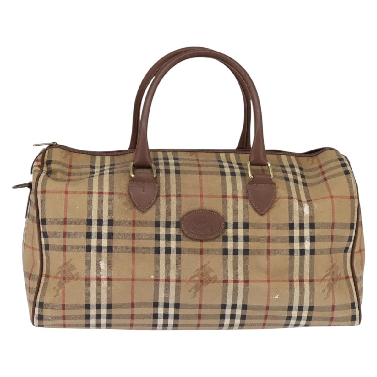 Burberrys Nova Check Boston Bag PVC Beige Gold Auth gh919