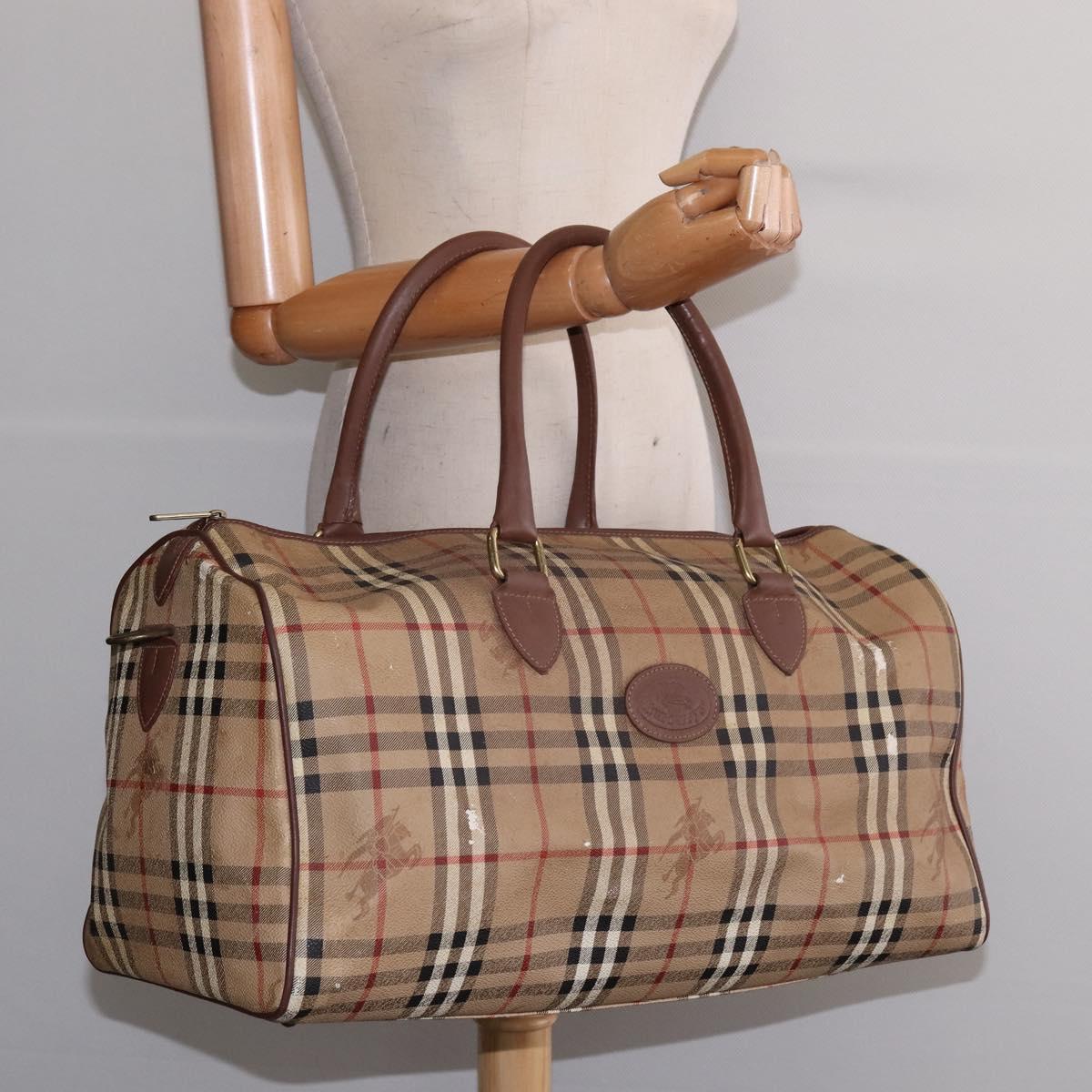 Burberrys Nova Check Boston Bag PVC Beige Gold Auth gh919