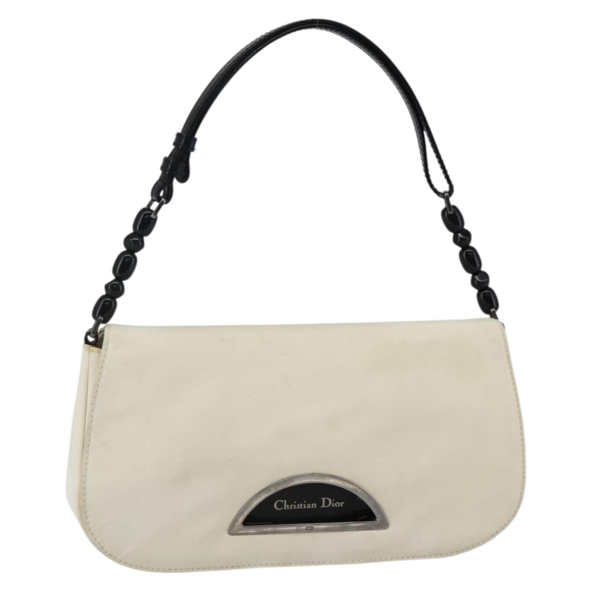 Christian Dior Maris Pearl Shoulder Bag Nylon White Silver Auth gh967