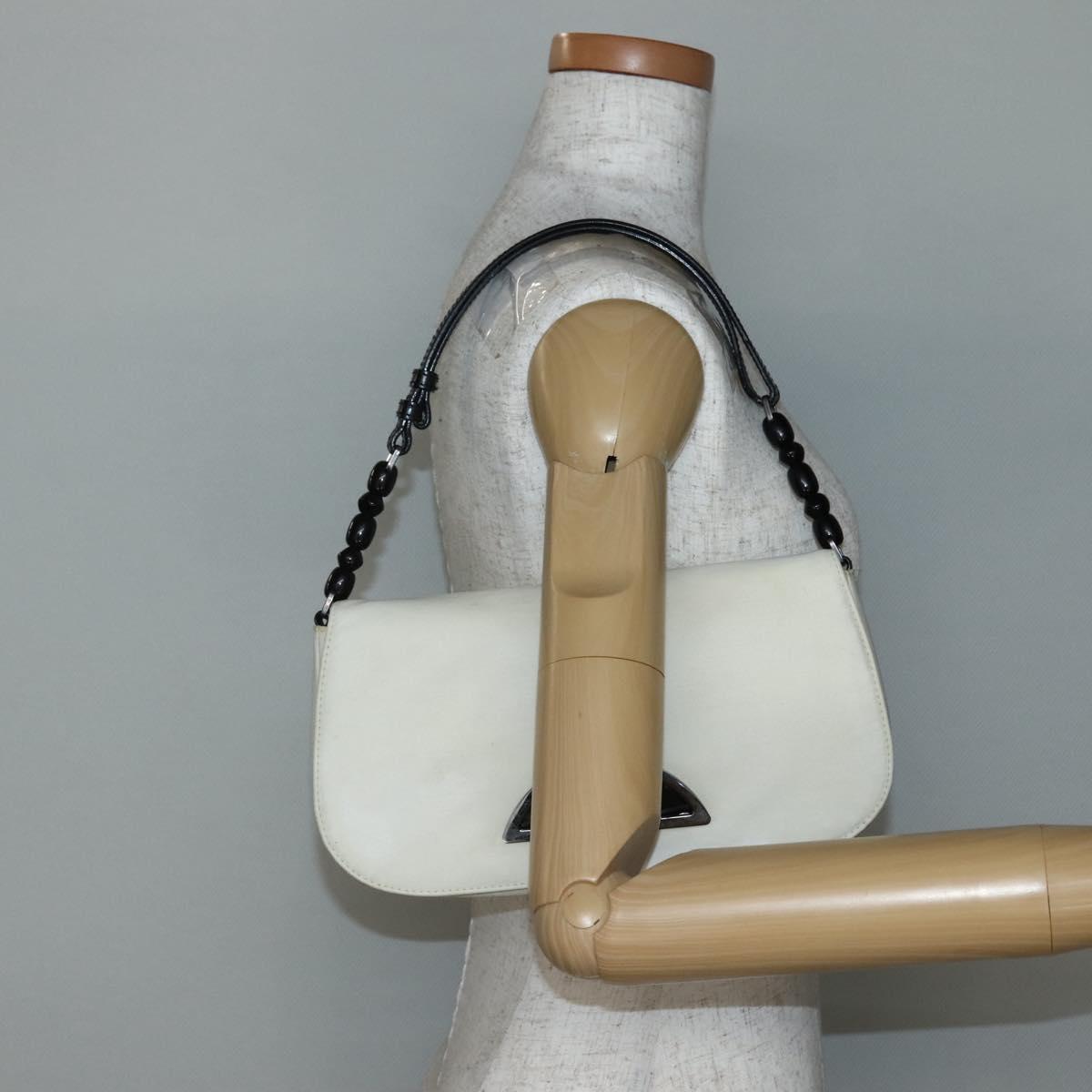 Christian Dior Maris Pearl Shoulder Bag Nylon White Silver Auth gh967