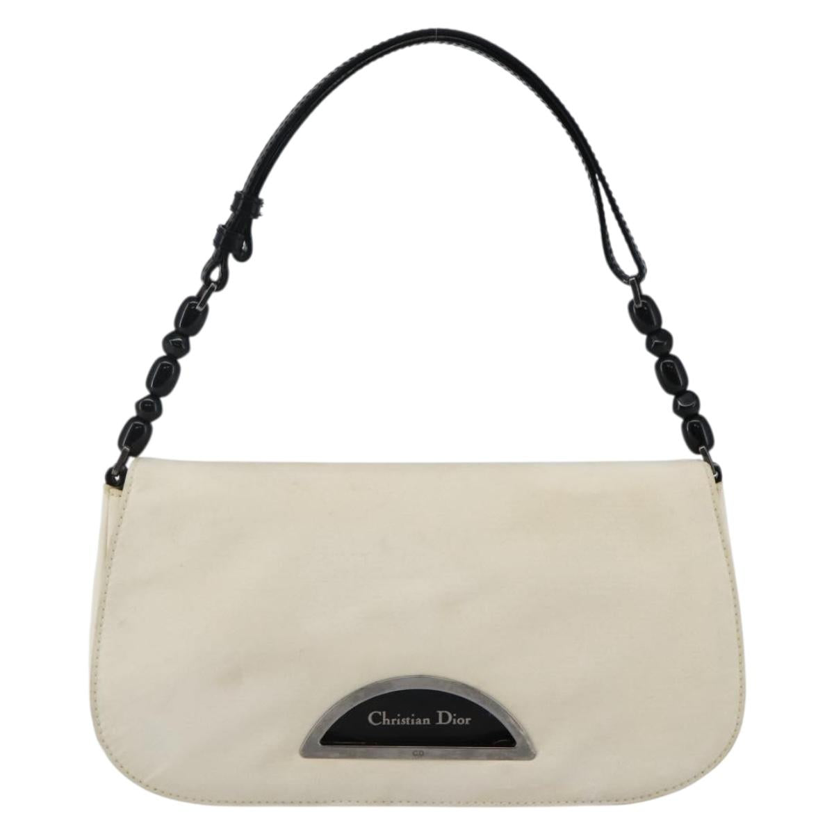 Christian Dior Maris Pearl Shoulder Bag Nylon White Silver Auth gh967
