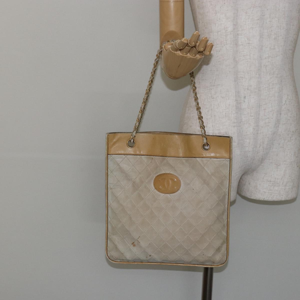 CHANEL Chain Tote Bag Lamb Skin Beige Gold CC Auth gh972