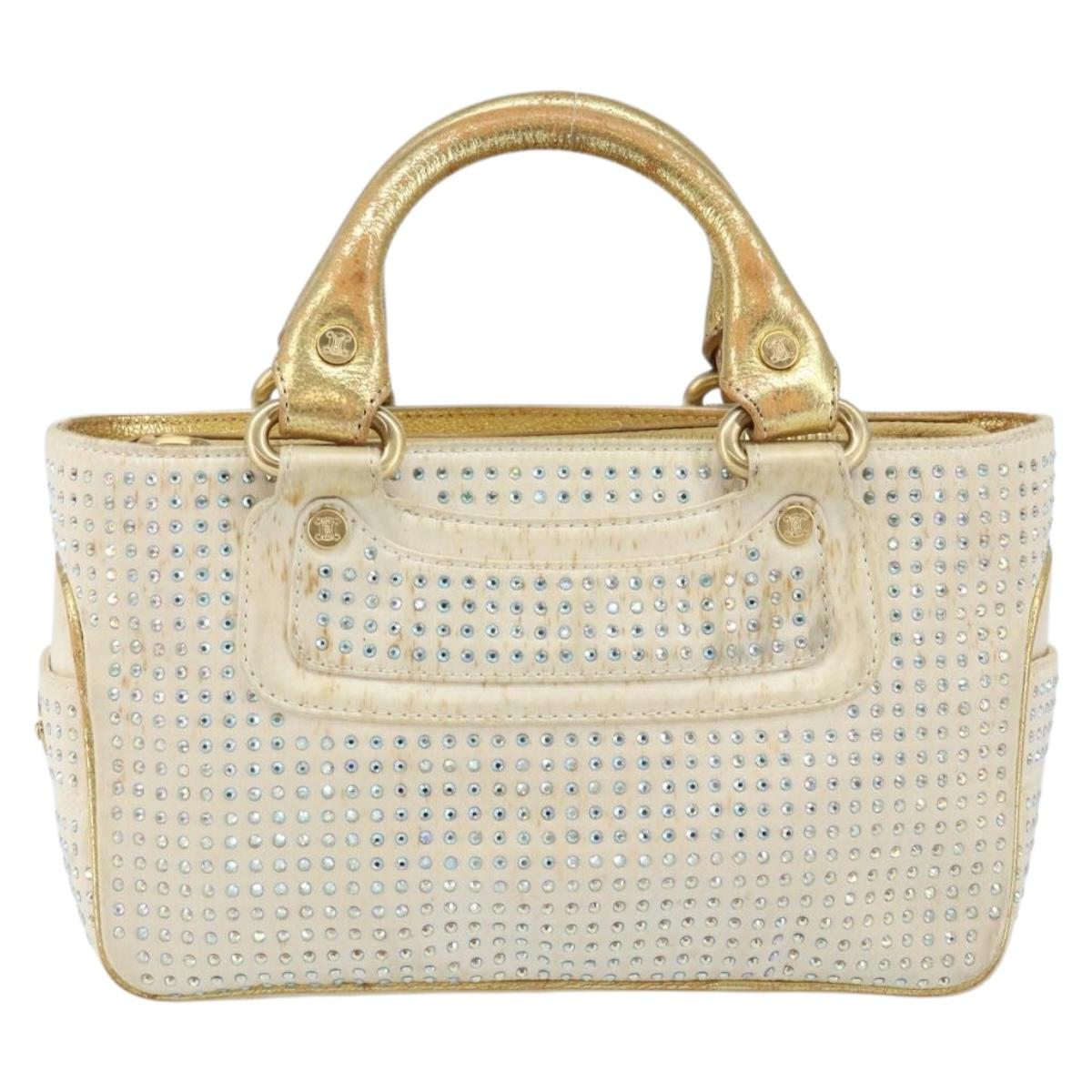CELINE Hand Bag Satin Beige Gold Auth gh992