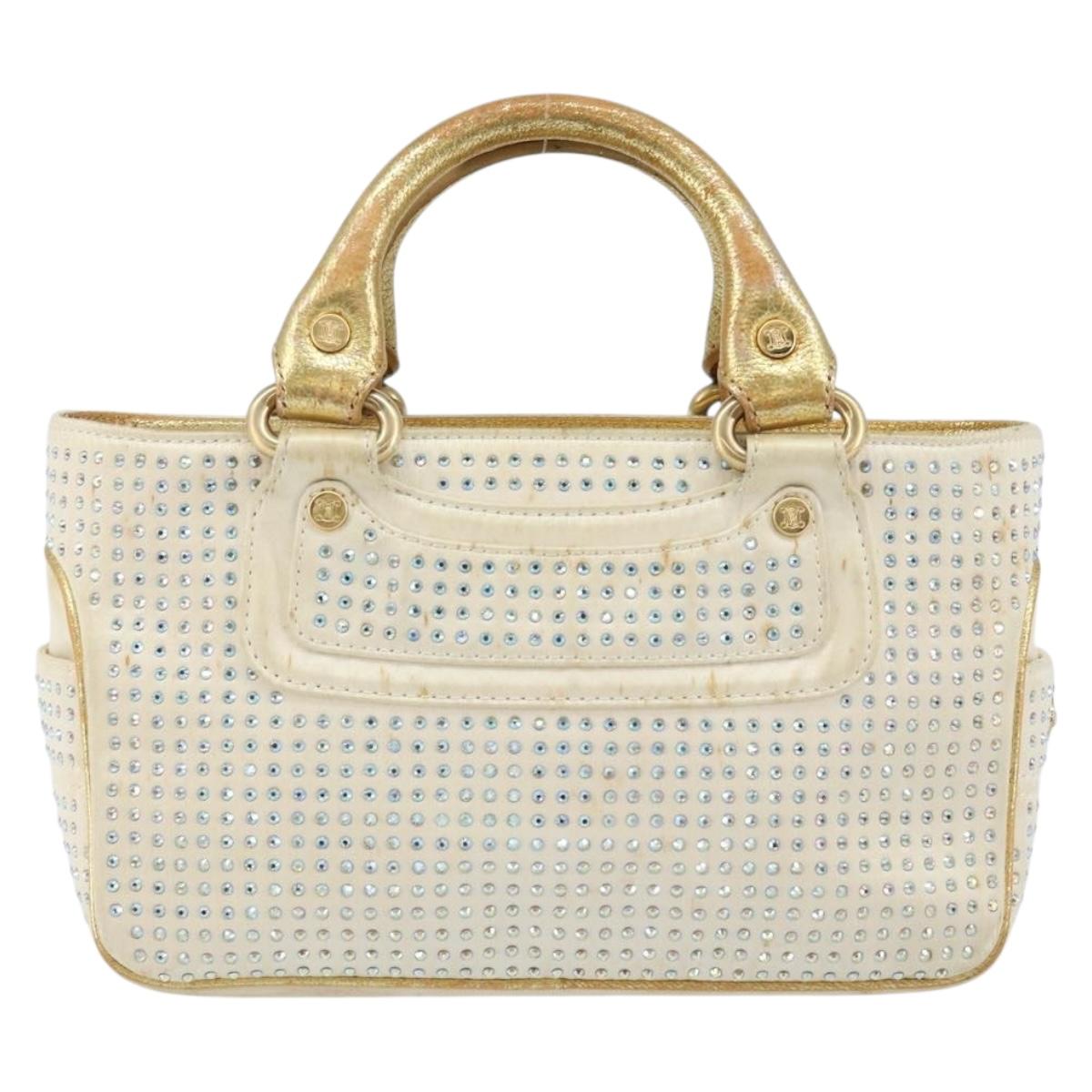 CELINE Hand Bag Satin Beige Gold Auth gh992