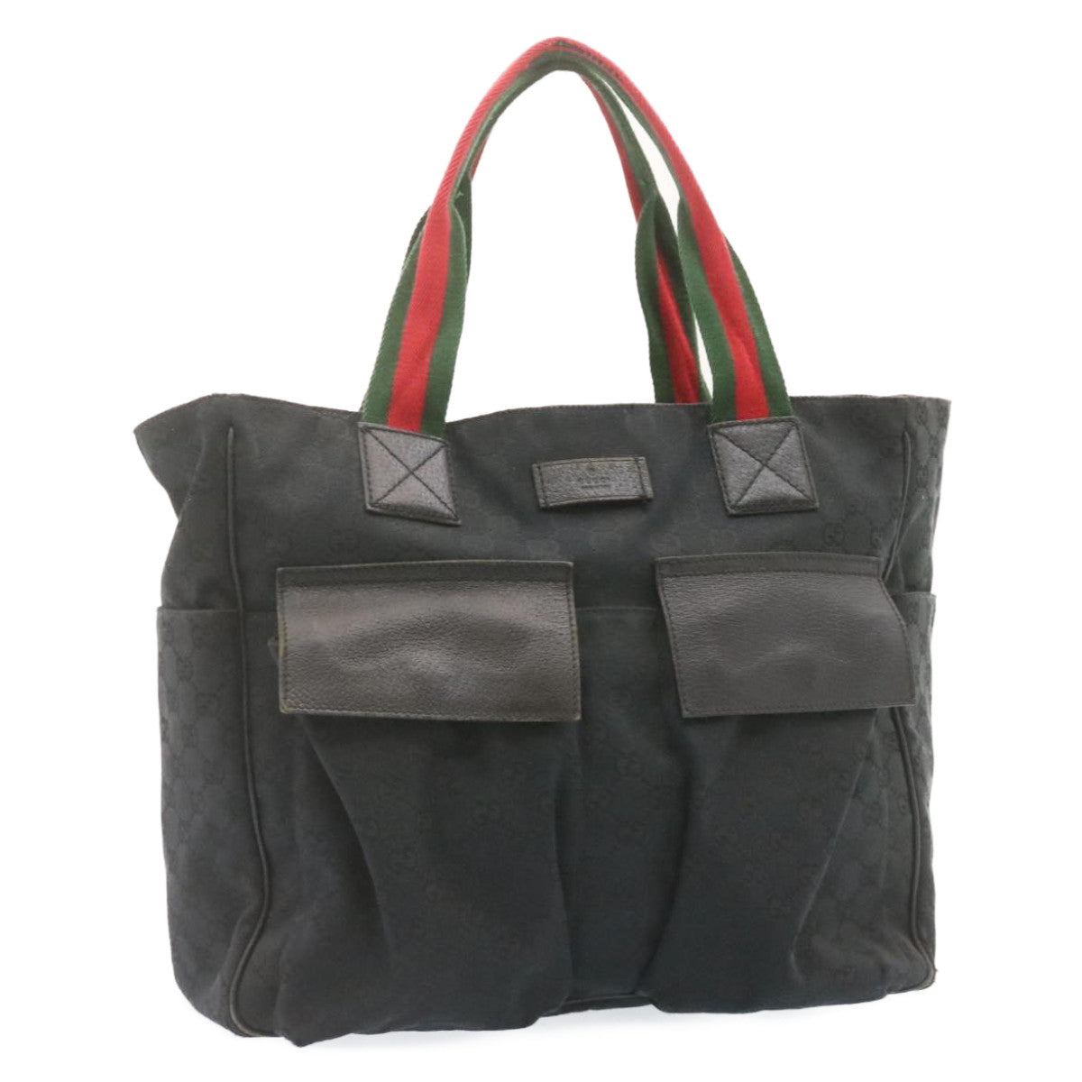 GUCCI Web Sherry Line GG Canvas Tote Bag Black Red Green Auth am1227g