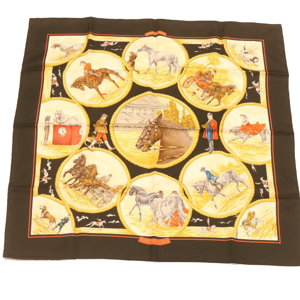 HERMES Carre90 Scarf ""AUTEUIL EN MAI"" Silk Red Auth am1375g